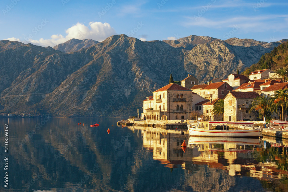 Beautiful Mediterranean landscape. Montenegro. View of Bay of Kotor and small ancient town of Perast