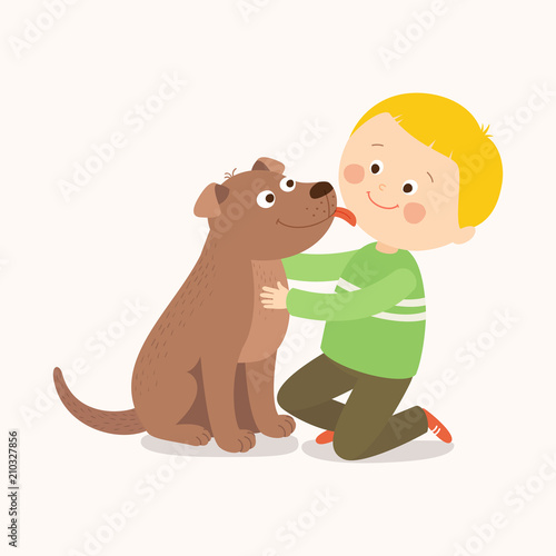 A little dog licking a boy's cheek. Best friends. Cartoon vector hand drawn clip art illustration on white background.