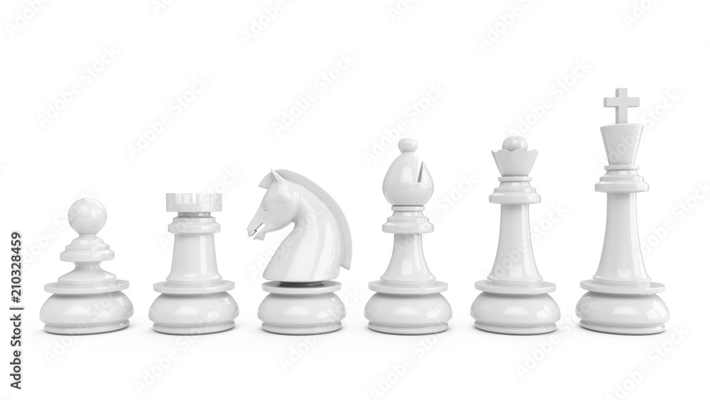 3D Rendering White chess pieces isolated on white background 3D Rendering White chess pieces isolated on white background