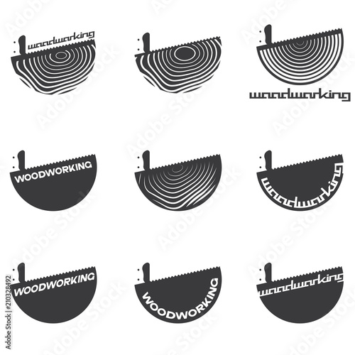 an illustration consisting of several images of a piece of wood and a saw in the form of a symbol or logo