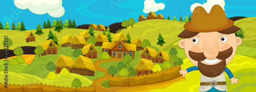 Fotografija cartoon scene with farmer walking near farm village - illustration for children