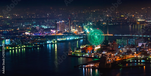 Aerial view of the Osaka Bay harbor area with the ferris wheel at night © Tierney