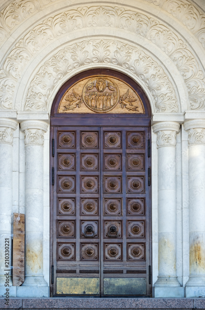 The doors of St. George Church in Samara. The picture was taken in Russia, in the city of Samara. 05/22/2018