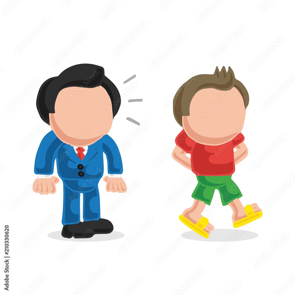 Vector hand-drawn cartoon of businessman looking and envy happy-go-lucky man walking in casual attire Vector hand-drawn cartoon of businessman looking and envy happy-go-lucky man walking in casual attire