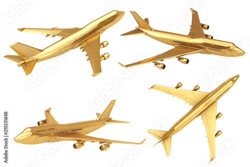Golden Jet Passenger's Airplane. 3d Rendering