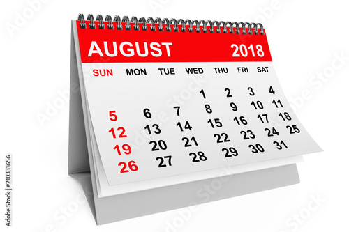 Calendar August 2018. 3d rendering