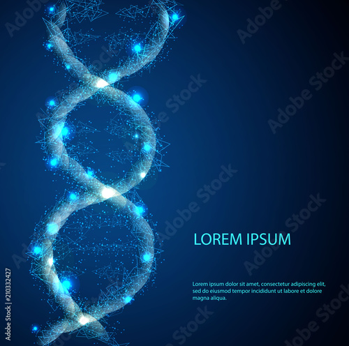 DNA molecule is made up of randomly moving particles. Dotted wave of quicksand in motion. Abstract vector illustration Concept science background. Destroyed structure. Nano technology. Low poly vector