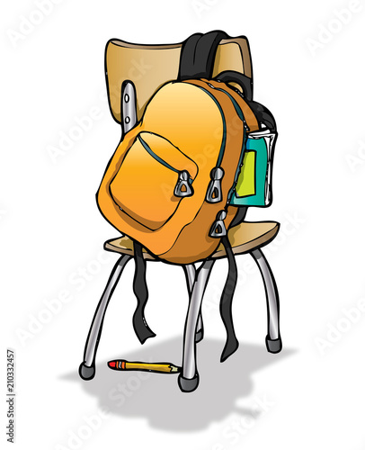 school chair with a student backpack hanging
