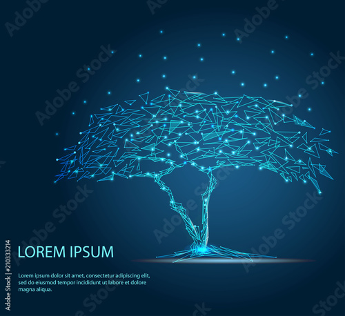 Abstract image of a tree in the form of a starry sky or space, consisting of points, lines, and shapes in the form of tree, stars and the universe. Vector business. Low poly vector