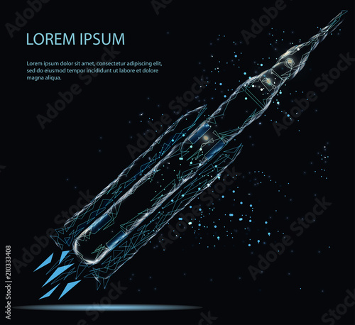 Abstract image of rocket of a starry sky or space, consisting of points, lines, and shapes in the form of planets, stars and the universe. Low poly vector
