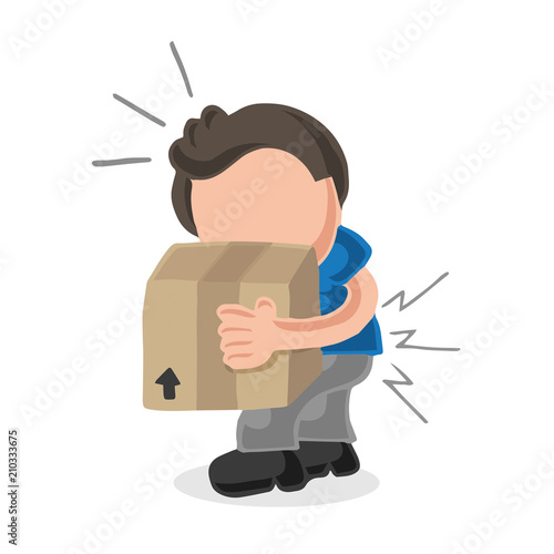 Vector hand-drawn cartoon of man walking carrying heavy box and get pain from backache