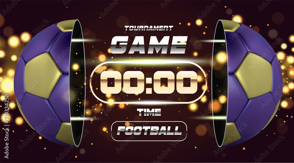 Football Banner With 3d golden blue Ball. Soccer game match design with timer or scoreboard. Half football ball. Ball divided into two parts. Soccer league with game competition