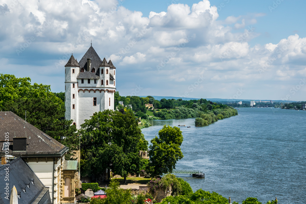 A view on the Tower of the Castle from a higher Ground over Eltville on the Rosentage at the River Rhein in Rheinland-Pfalz in Germany