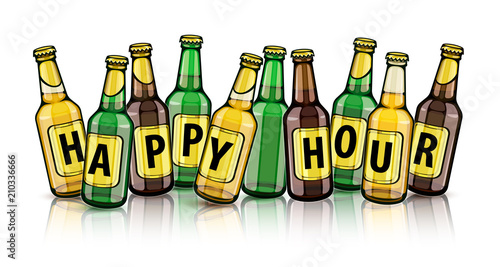 Free Beer bottles with happy hour text on labels. Set of full