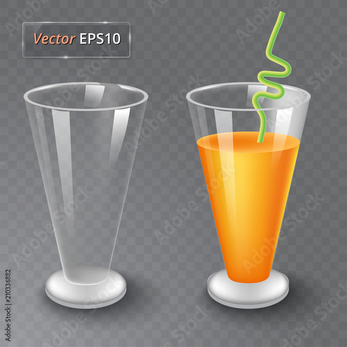 Juice and an empty glass. Fruit organic drink. Healthy diet. Clean eating. Tall glass with beverage. Transparent photo realistic vector illustration. photo