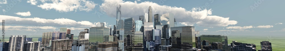 panorama of the city against the sky with clouds,
3D rendering