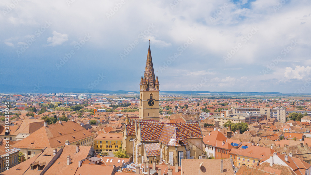 Medieval city in Transylvania aerial view 