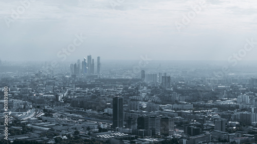 Silver hazy megalopolis cityscape with the group of business skyscrapers in the distance  multiple office and residential houses  highways  parks. Misty  almost invisible horizon