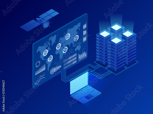Isometric global information digital network, big data processing, energy station of future, server room rack, data center concept. Vector isometric illustration