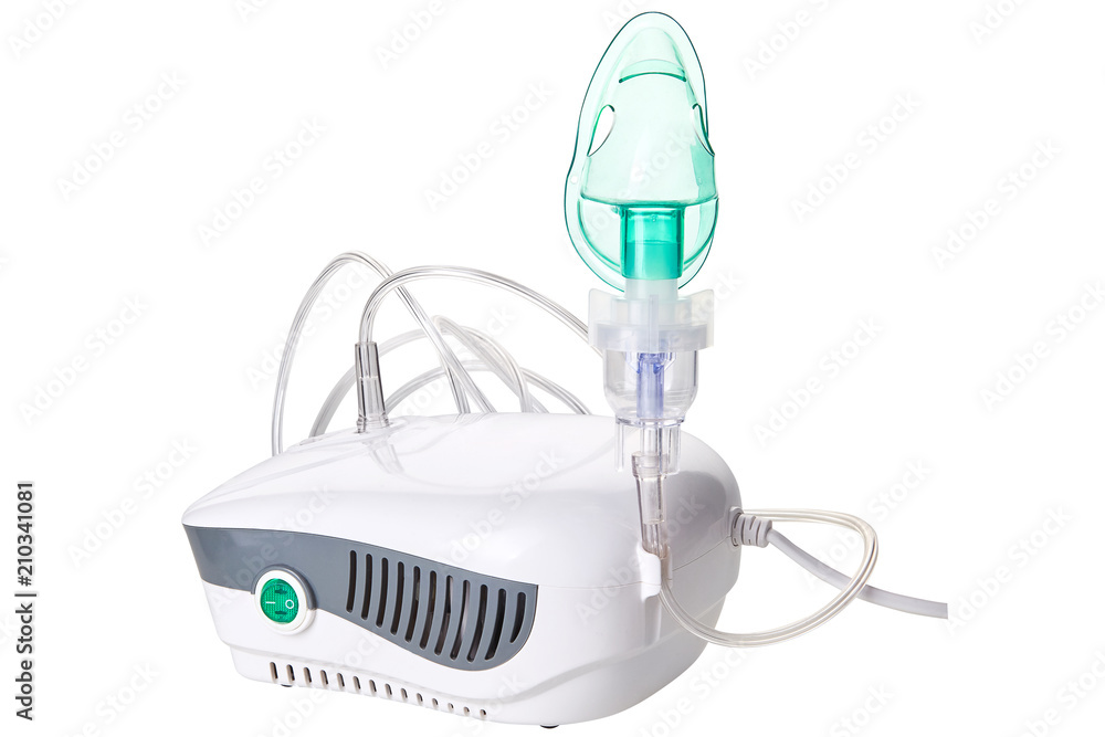 Medical equipment for inhalation with respiratory mask, nebulizer isolated  on white background. Respiratory medicine. Asthma breathing treatment.  Bronchitis, asthmatic health equipment Stock Photo | Adobe Stock