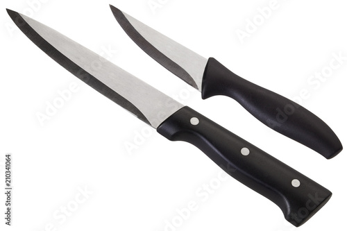 Kitchen knives with black handles isolated on white background
