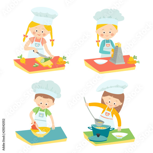 Kids cooking. Children on a culinary class. Little chefs. Vector hand drawn eps 10 clip art illustration isolated on white background.