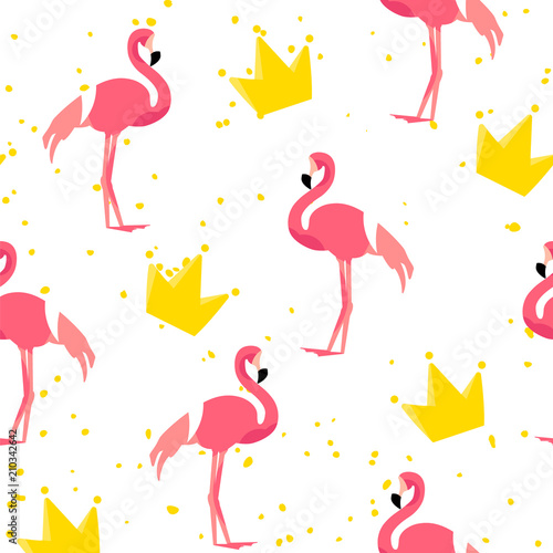 Cute pattern with flamingo and crown on white background. Ornament for textile and wrapping. Vector.