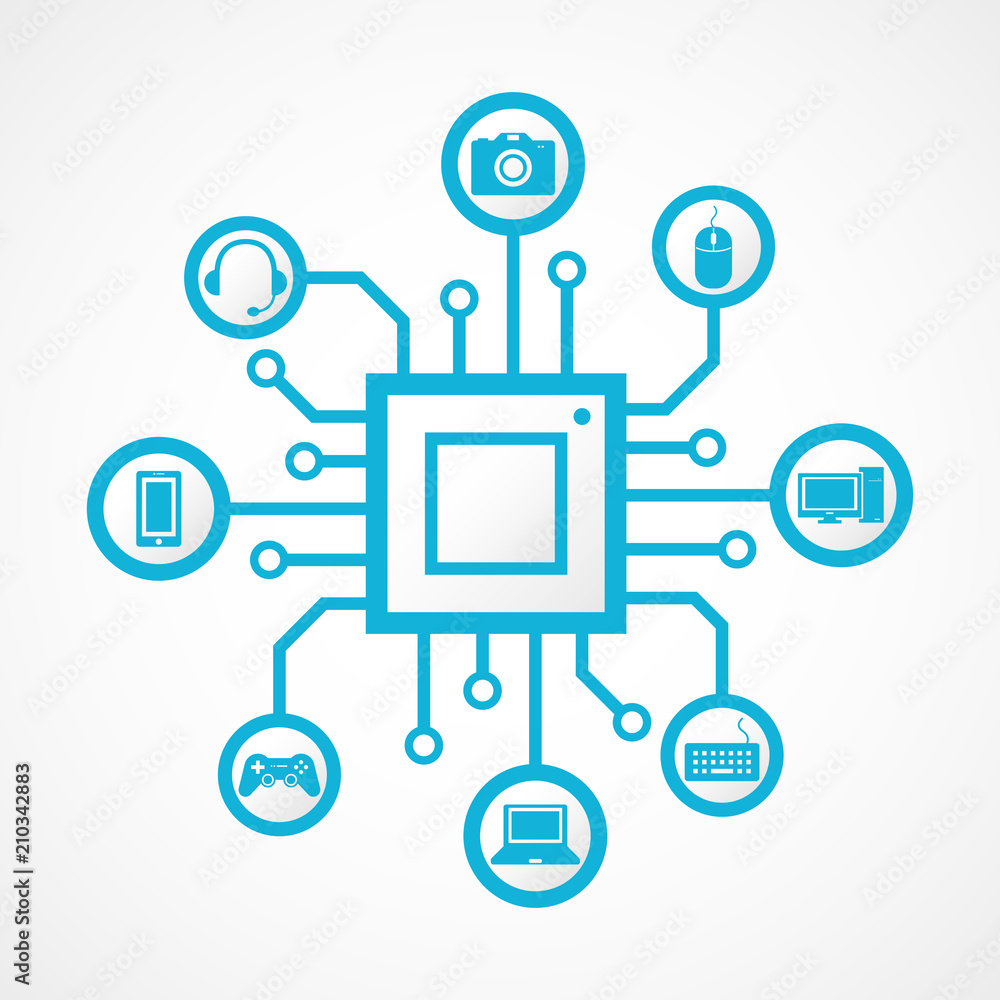 Devices icon and technology , connection concept with chip integration Devices icon and technology , connection concept with chip integration