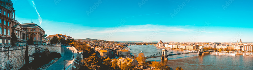 big 180 degree panorama of royal palace and danube river at budapest