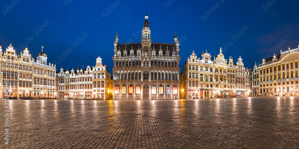 Panoramic view of majestic Grand Place Square with King's House or Breadhouse at night in Belgium, Brussels