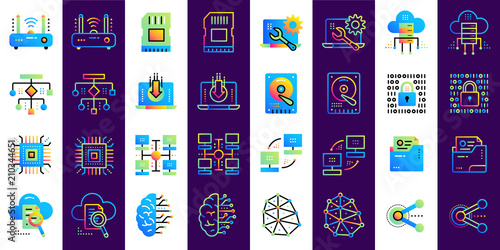 Gradient flat  outline icons set of cloud computing  internet technology  data secure. Suitable for presentation  mobile apps  website  interfaces and print