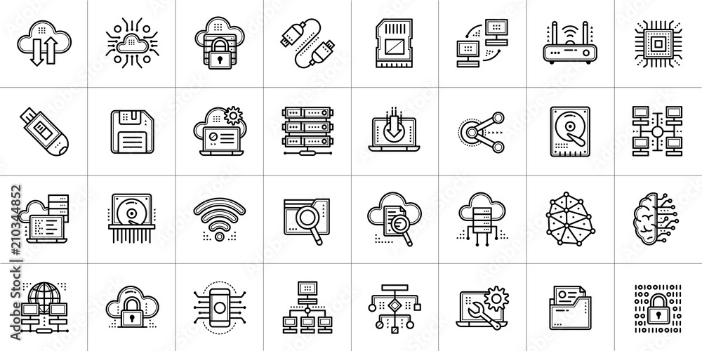 Outline icons set of cloud computing, internet technology, data secure. Suitable for infographics, websites, print media and interfaces