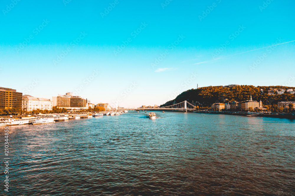 danube river at budapest with gellert hill cave in vintage colors
