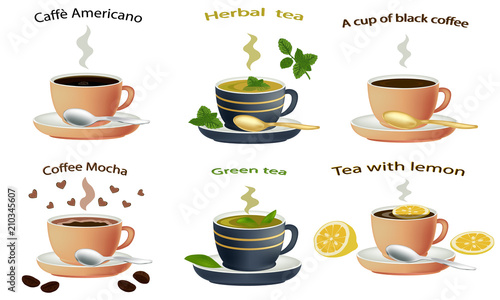 Set of hot drinks. Coffee latte, mocha and cappuccino in cups, isolated on white background. Hot chocolate and black tea in mug. Vector illustration of green tea and herbal tea.