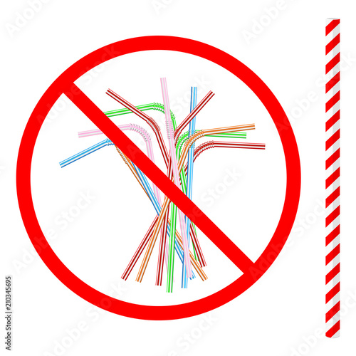 refusal of disposable plastic drinking straw in favor of reusable paper drinking straw, stop sign on white background, ban plastic drinking straw, stock vector illustration