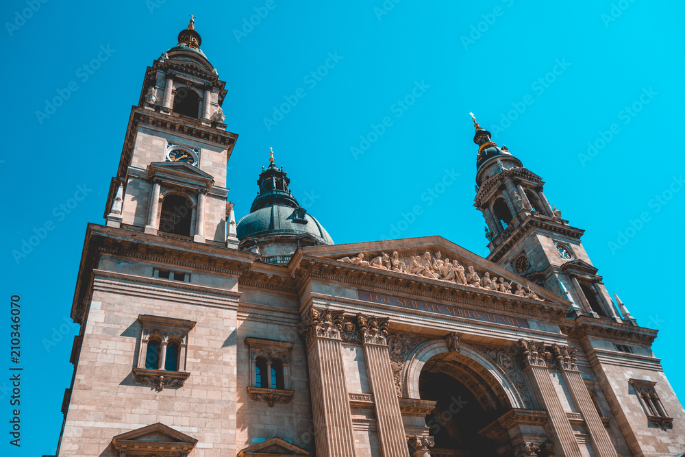 low angle view of St. Stephen's Basilica at budapest with the frontside facade and entrance