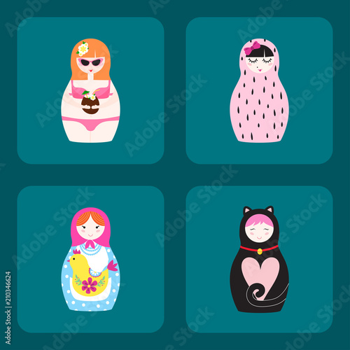 Matryoshka vector traditional russian nesting doll toy with handmade ornament figure pattern with child face and babushka woman souvenir illustration.