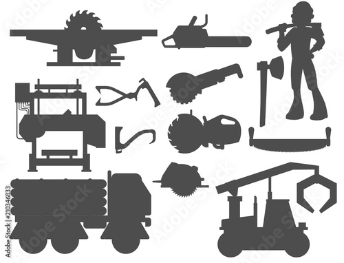 Sawmill woodcutter character logging silhouette equipment lumber machine industrial wood timber forest vector illustration.