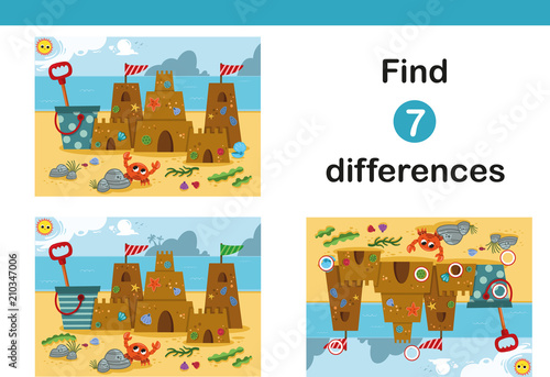 Find 7 differences education game for children, featuring a sand castle on the beach. Vector illustration.