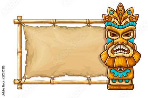 Tiki traditional hawaiian tribal mask with human face on bamboo