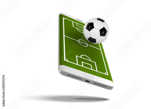 Mobile football soccer. Mobile sport play match. Online soccer game with live mobile app. Football field on the smartphone screen and ball. Online ticket sales concept