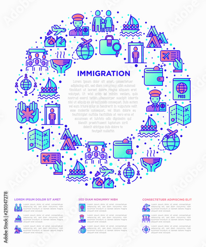 Immigration concept in circle with thin line icons: immigrants, illegals, baggage examination, passport, international flights, customs, inspection, refugee camp. Modern vector illustration.