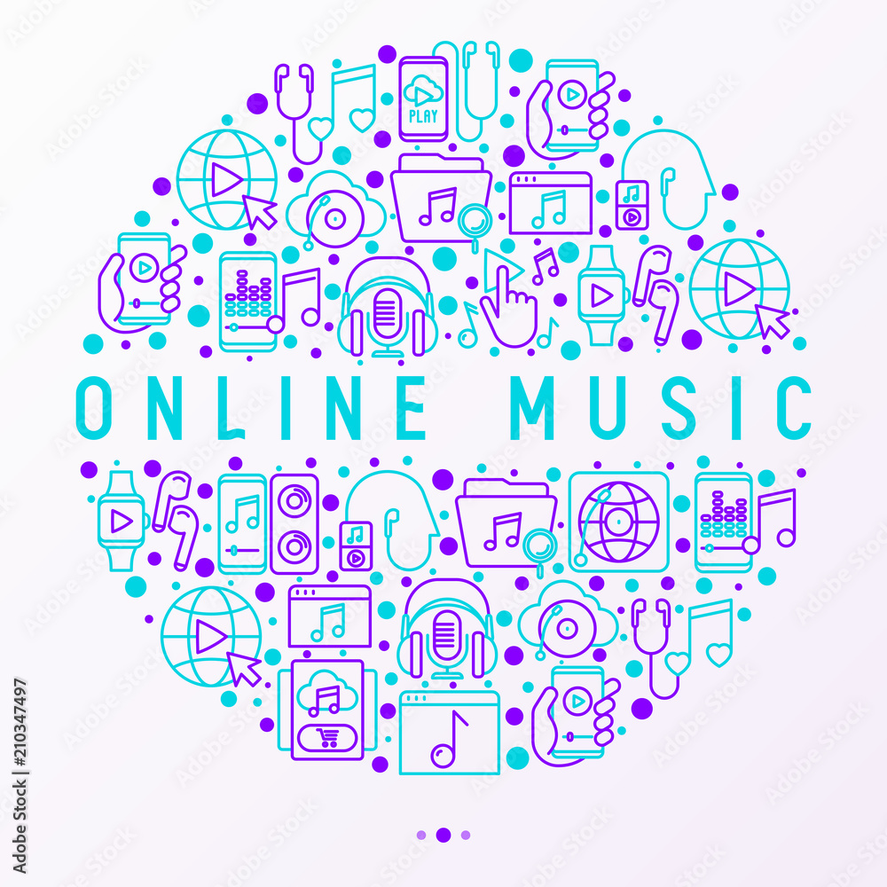Online music concept in circle with thin line icons: smartphone with mobile app, headphones, earphones, equalizer, speaker, smart watch, microphones. Vector illustration, print media template.