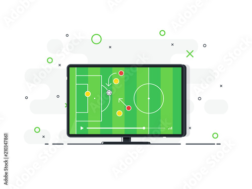 Soccer match on TV set. Playing field on screen. Trendy flat vector illustration. 