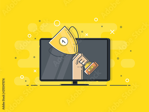 Gold cup in hands. Hand holding winner's trophy award on TV set. Trendy flat vector on yellow background. Vector Illustration. 