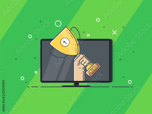 Soccer match on TV set. Gold cup in hands. Hand holding winner's trophy award. Trendy flat vector on green background. Vector Illustration. 