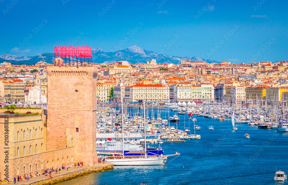 Saint Jean Castle and Cathedral de la Major and the old Vieux port in Marseille, France