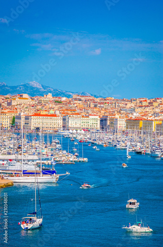 Aerial view of old Vieux port and coast in Marseille, France