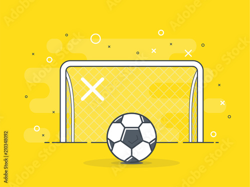 Soccer ball / football gate. Penalty kick on the gate. Trendy flat vector on yellow background.