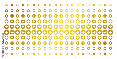 Create icon gold halftone pattern. Vector create items are organized into halftone matrix with inclined gold color gradient. Constructed for backgrounds, covers, templates and beautiful concepts.
